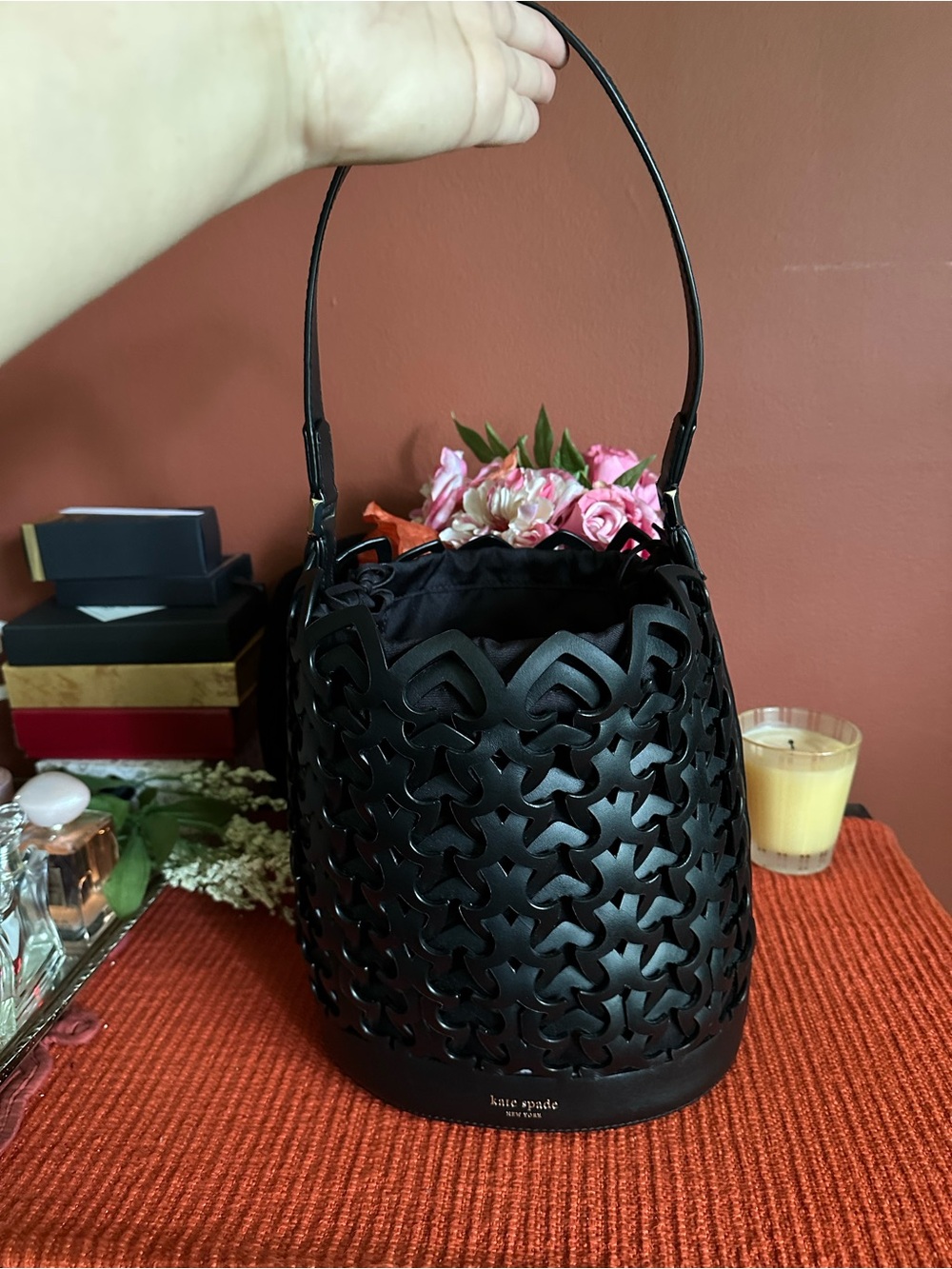 kate spade black laser-cut bucket shoulder bag